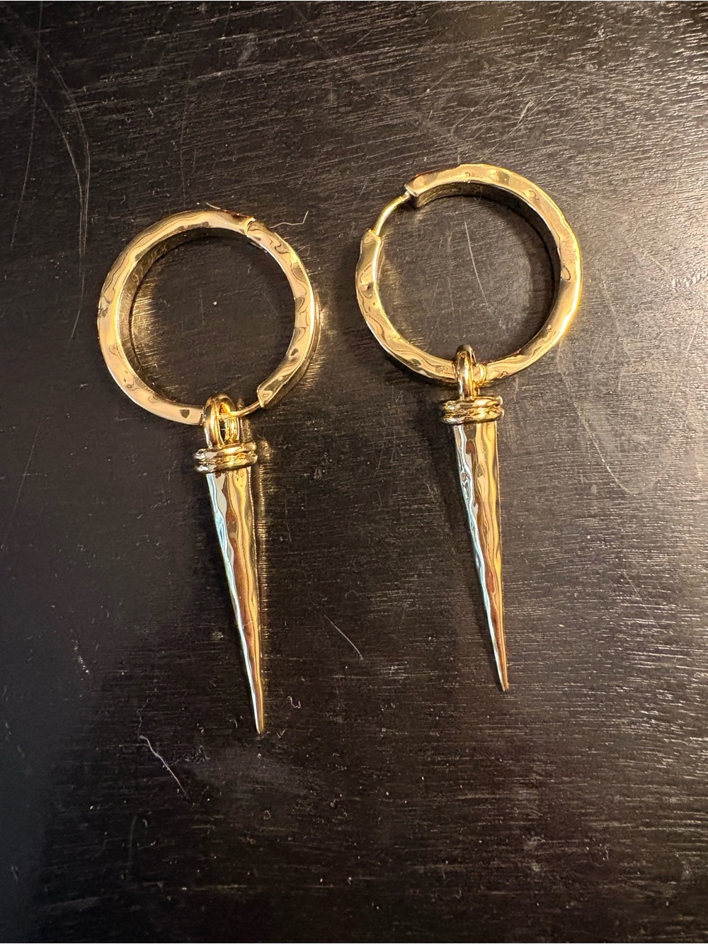 Hammered Gold Spike Hoop Drop Earrings